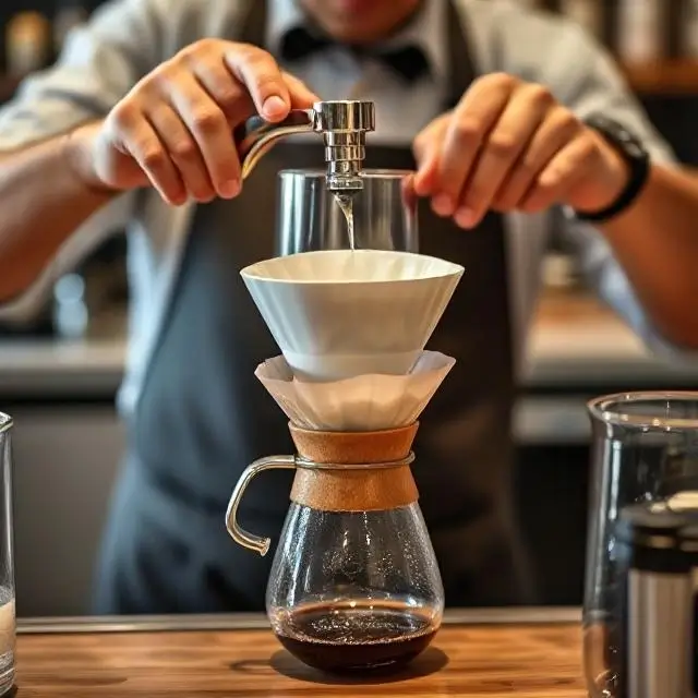A professional barista carefully preparing pour-over coffee.