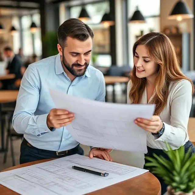 Two business partners strategically planning over blueprints in a cafe setting.
