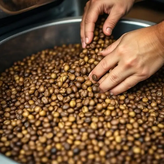 A candid shot of coffee beans being meticulously sorted before roasting.
