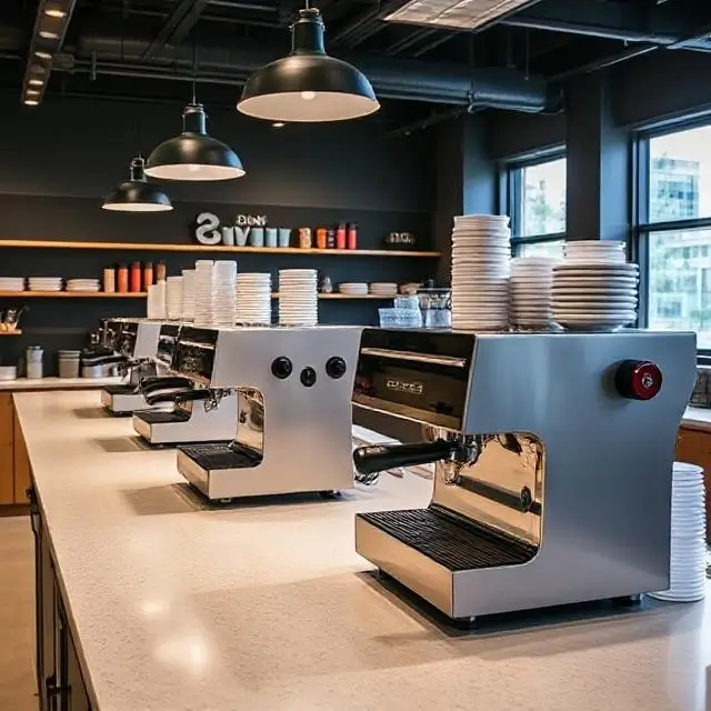 The main barista training lab with multiple espresso stations.