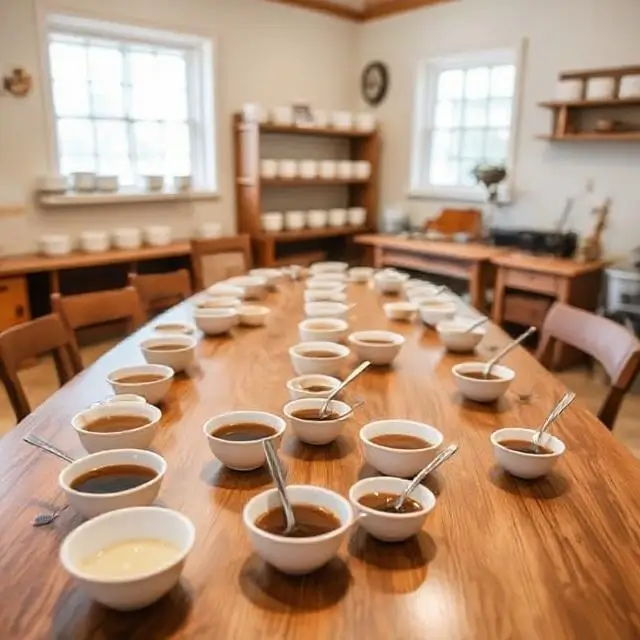 A dedicated cupping room with bowls and spoons set up for sensory analysis.
