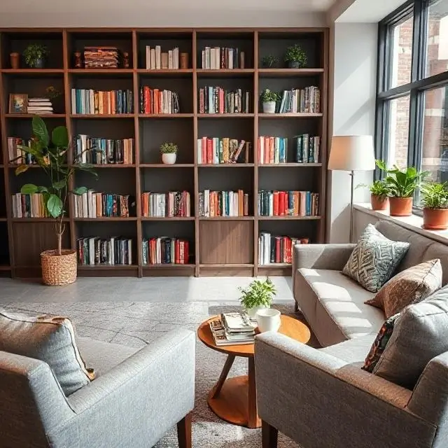 A comfortable student lounge area with coffee books and seating.