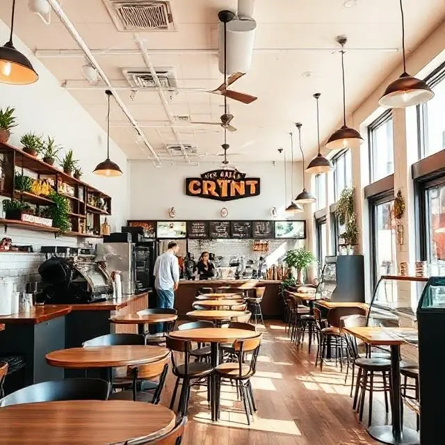 The bright, bustling, and successful interior of 'The Daily Grind' cafe.