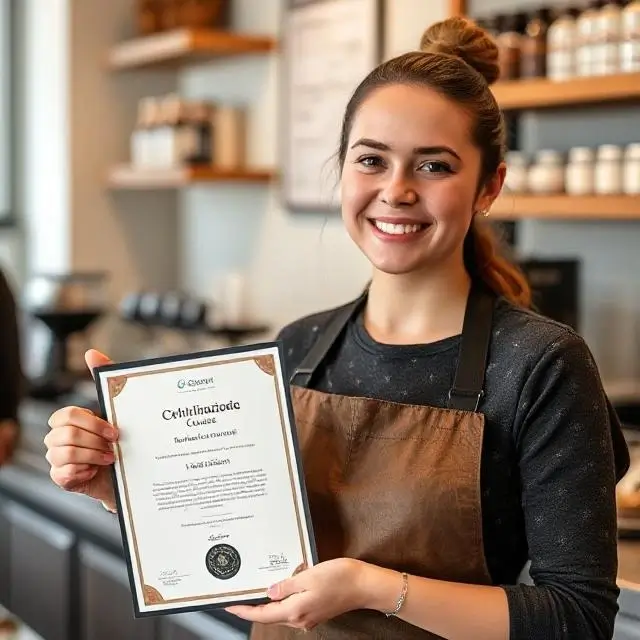 A student proudly holding their barista course certificate.