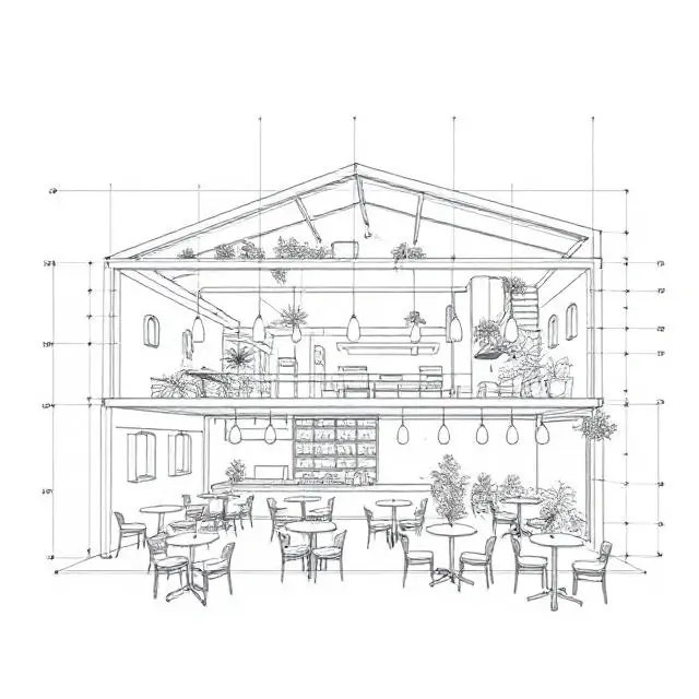 Detailed architectural drawing of a cafe layout.
