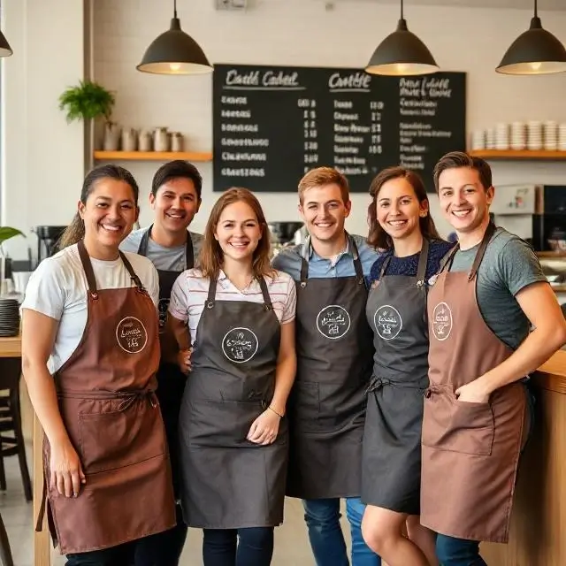 A team of smiling baristas in branded aprons posing in their new cafe.