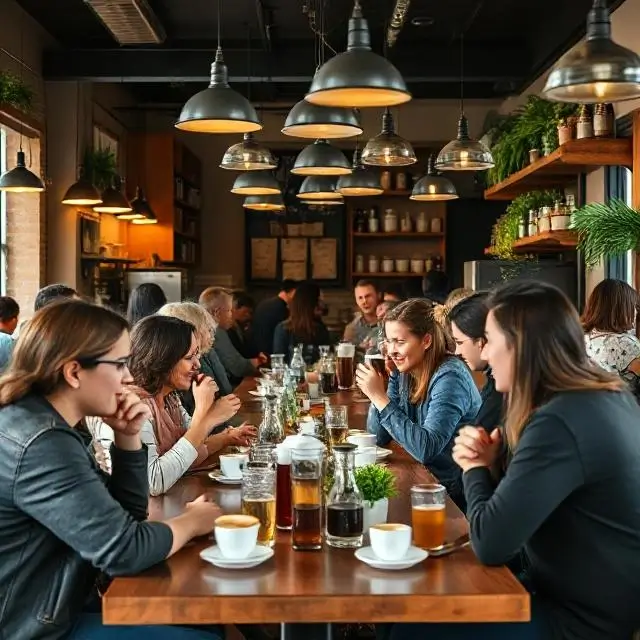 A busy, happy cafe full of customers enjoying coffee.