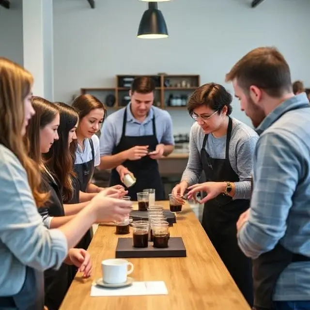 A group of students and instructors collaborating during a coffee tasting event.