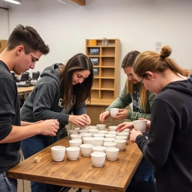 A group of students collaborating during a cupping session.