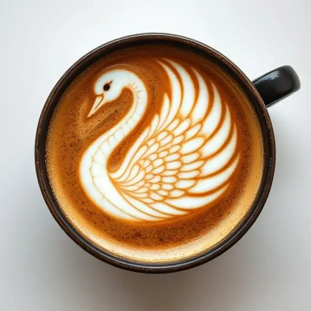 Intricate swan latte art in a dark ceramic cup.