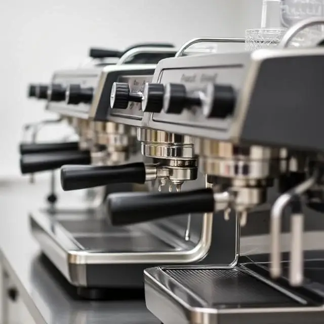 A row of professional, gleaming espresso machines in the training lab.