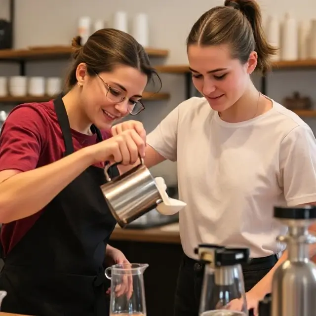 An instructor guiding a student on the perfect pour-over technique.