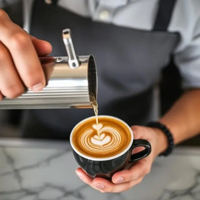 A barista pouring a detailed rosetta into a coffee cup.