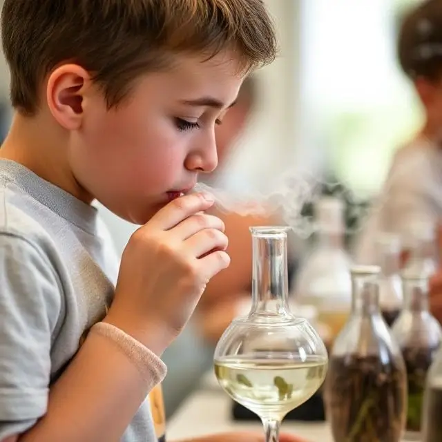 A student focused on smelling the complex aromas during a sensory class.