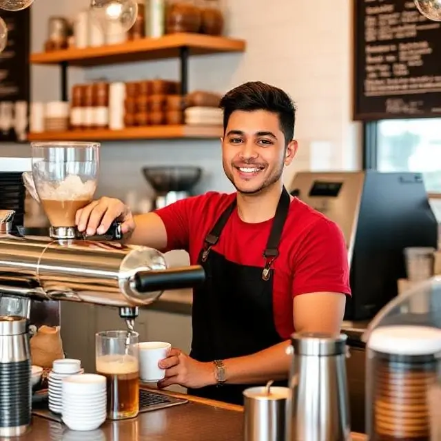 Graduate Alex Rivera confidently working as a head barista in a specialty cafe.