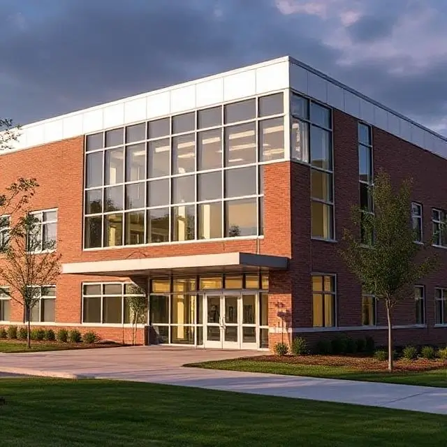 A modern building exterior representing our school location.