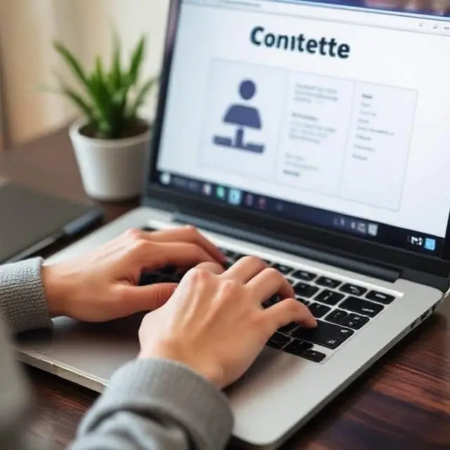 A person typing on a laptop, representing contacting support.