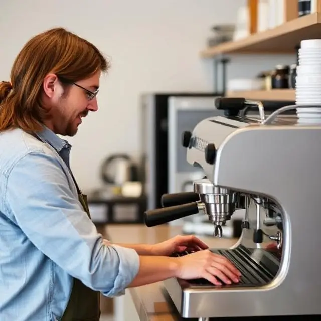An instructor guiding a student on an espresso machine.
