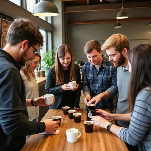 Students collaborating during a hands-on coffee tasting session.