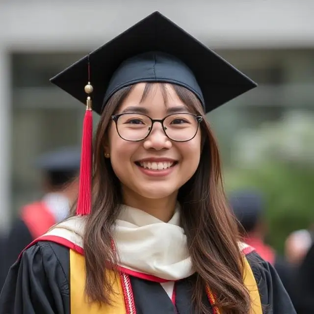 Portrait of Sarah Chen, a happy graduate.
