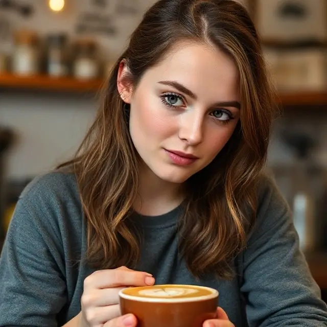 Portrait of Emily Carter, a focused latte art student.
