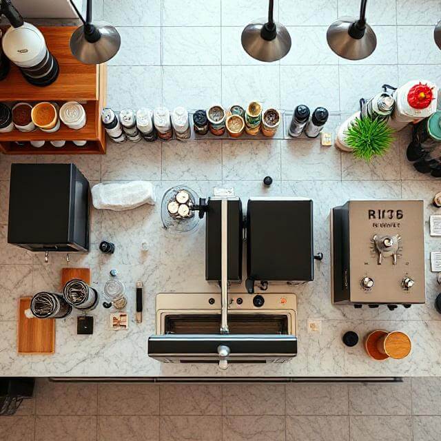 Overhead view of a perfectly designed and efficient coffee bar workflow.