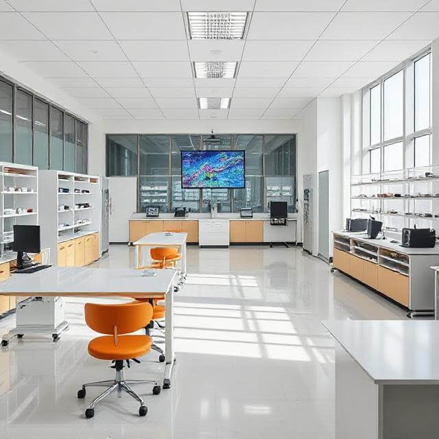 Wide shot of the bright and modern training lab.
