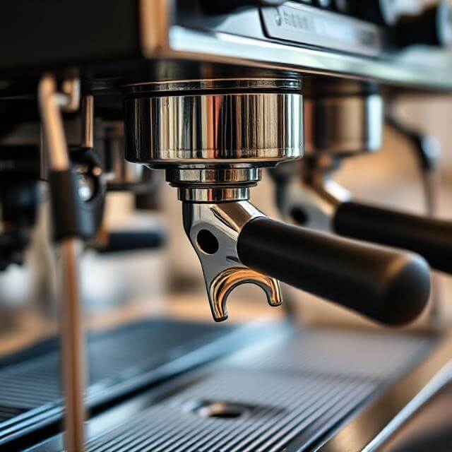 Close-up of a high-end multi-group espresso machine.
