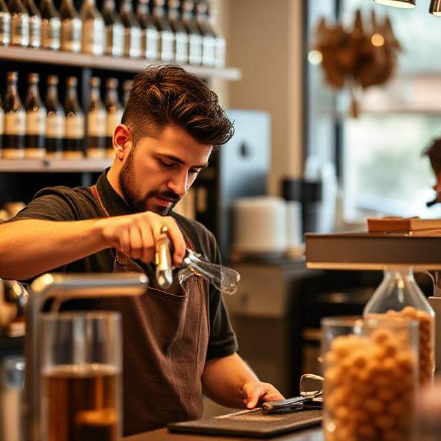 Video thumbnail showing a barista in action, with a play button overlay.