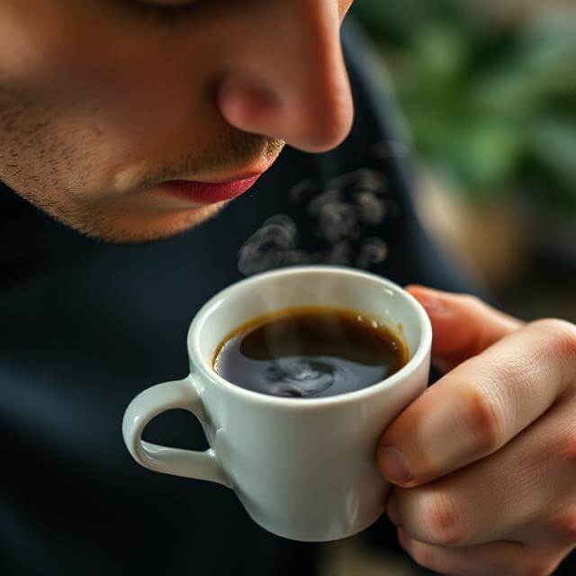 A person smelling the aroma of coffee in a cup.